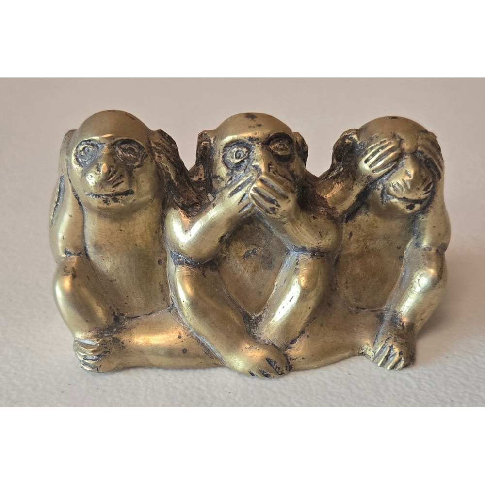 Vintage Solid Brass Three Wise Monkeys See Hear Speak No Evil Figurine 4"